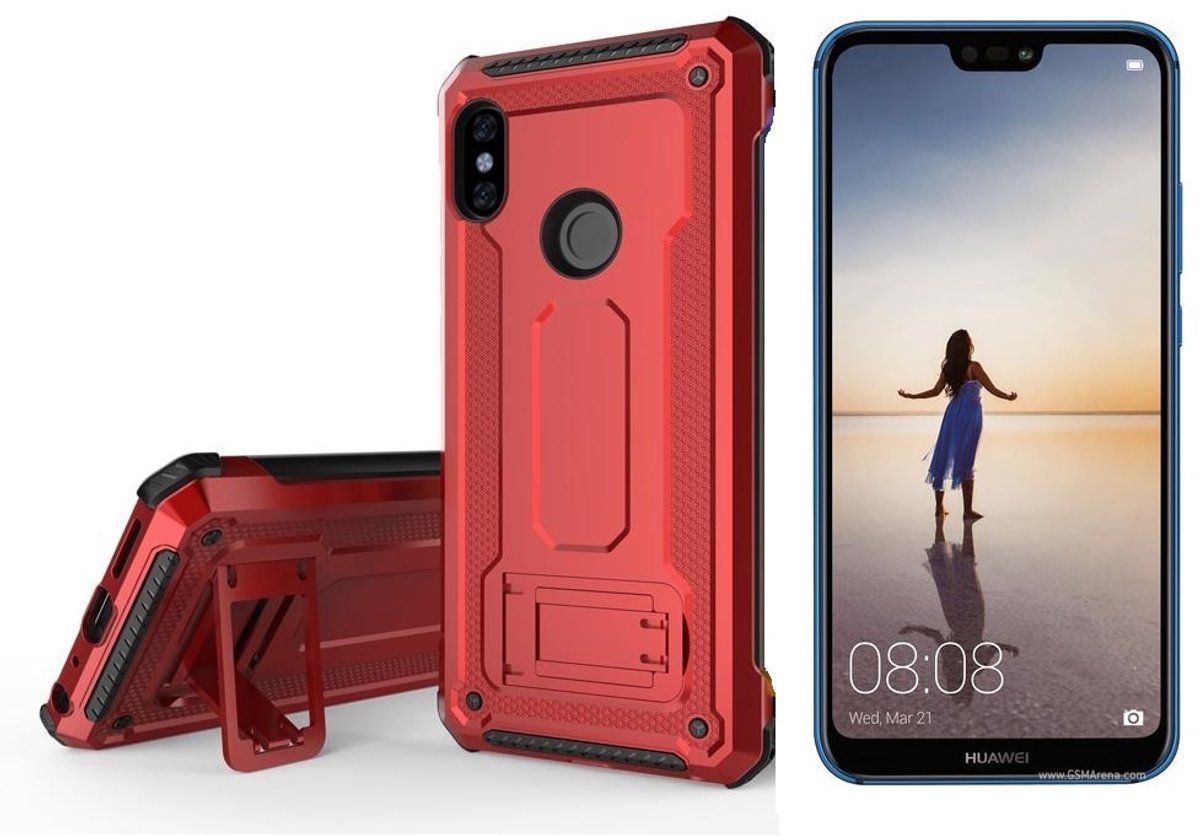 Ntech Hoesje Geschikt voor Huawei P20 Lite Armor hoesje met Kickstand - Rood