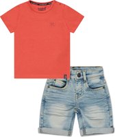 Koko Noko BIO Basics Set(2delig) Jeans Short NILS en Shirt Neon coral - Maat 134/140