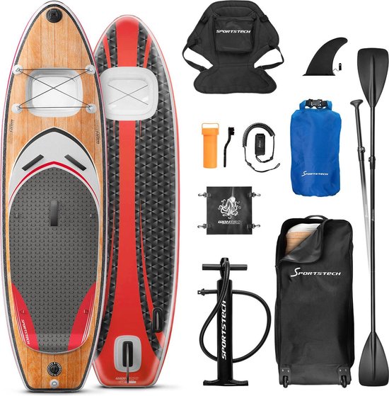 Premium 9in1 SUP board set + 2in1-kijkvenster + Kajakzitje | Standup paddleboard opblaasbaar | 6 inch dik | action cam holder | Watersport stand-up paddling | Sportstech WBX300/320 | Surfplank