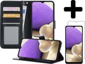 Hoesje Geschikt voor Samsung A32 4G Hoesje Book Case Hoes Wallet Cover Met Screenprotector - Hoes Geschikt voor Samsung Galaxy A32 4G Hoesje Bookcase Hoes - Zwart
