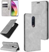 Voor OnePlus 8 Retro-skin Business Magnetische Suction Leather Case met houder & kaartsleuven & portemonnee (grijs)