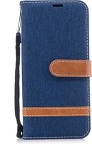 Kleurafstemming Denim Texture Leather Case voor Galaxy A8 / A530, met houder & kaartsleuven & portemonnee & lanyard (donkerblauw)