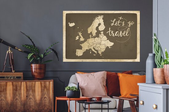 Sticker Muursticker Cartes d'Europe - Carte d'Europe Vintage avec texte Let's go travel - 120x80 cm - Film adhésif autocollant - Sticker mural repositionnable