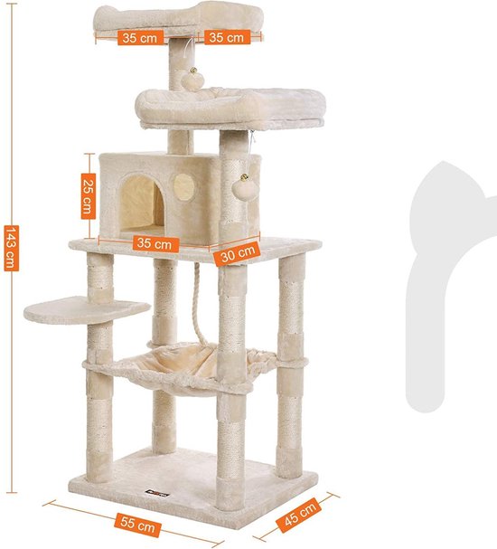 Beige krabpaal van 143 cm hoog, met afmetingen weergegeven.