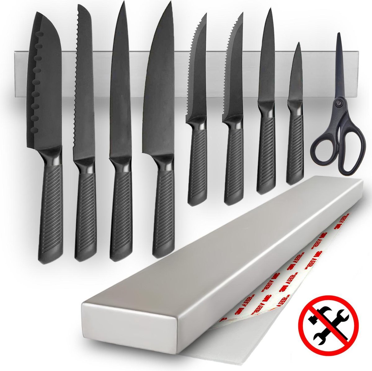 AWEMOZ Magnetische Messenhouder - Messenblok - Messenrek - Messenstrip - Zelfklevende Magneetstrip