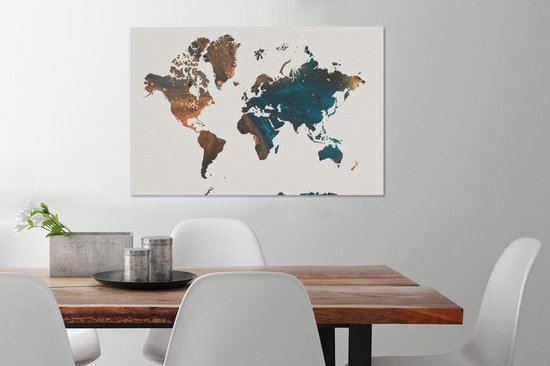 Wereldkaart en peinture bleu foncé et orange sur fond rose 60x40 cm