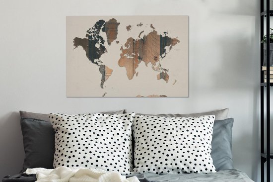 Wereldkaart avec motif de bois sur fond rose | Wereldkaart en bois 60x40 cm