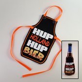 Zwart schortje voor bierfles met "Hup Holland Hup bier" - biertje, cadeautje, pilsje, voetbal, EK, WK, oranje