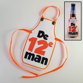 Wit schortje voor bierfles met "De 12e man" - biertje, cadeautje, pilsje, voetbal, EK, WK, oranje
