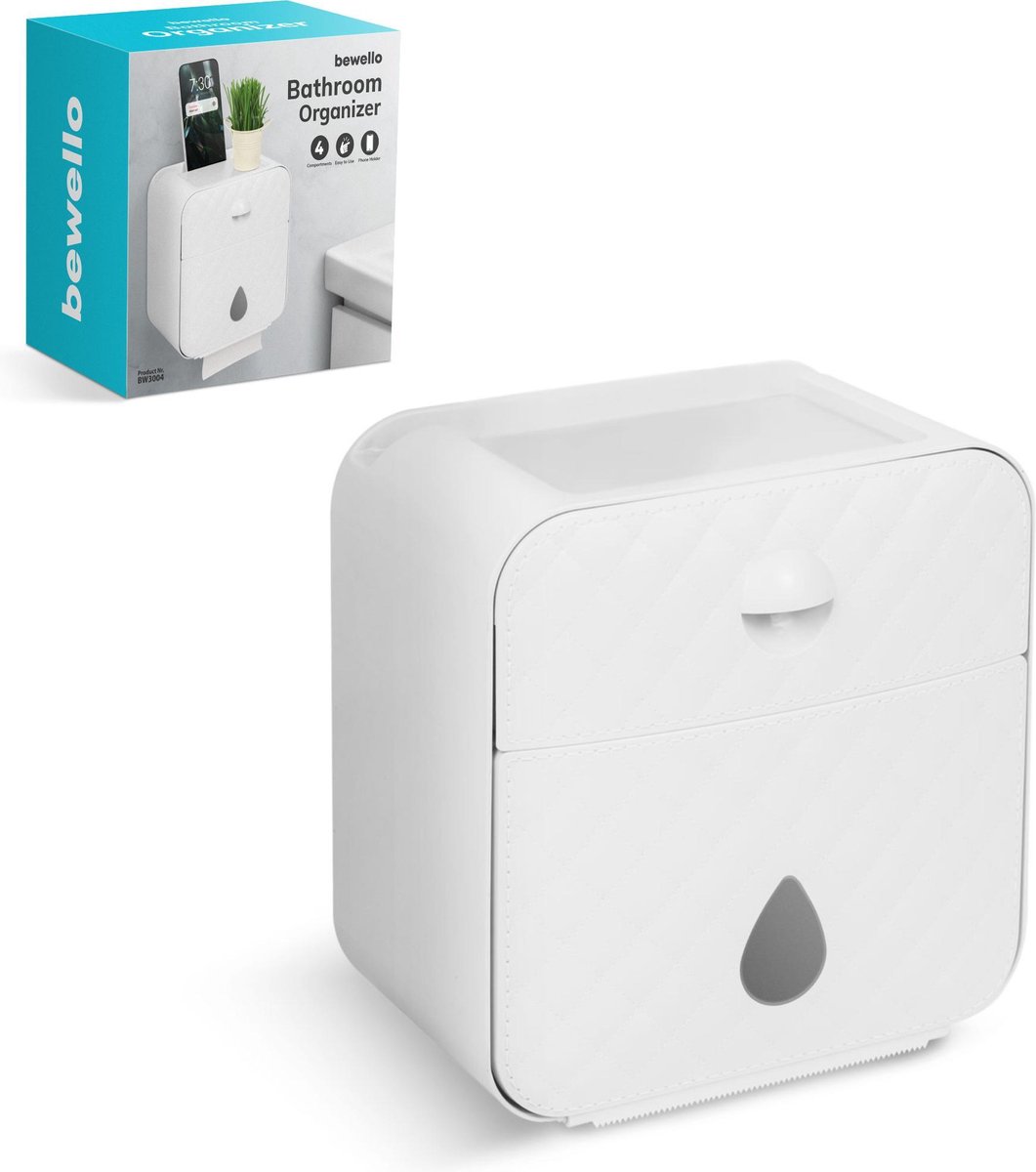 Bewello® - WC Rolhouder - Toiletrolhouder - Zelfklevend WC Kastje - Wit met Grijs - 205 x 125 x 220 mm