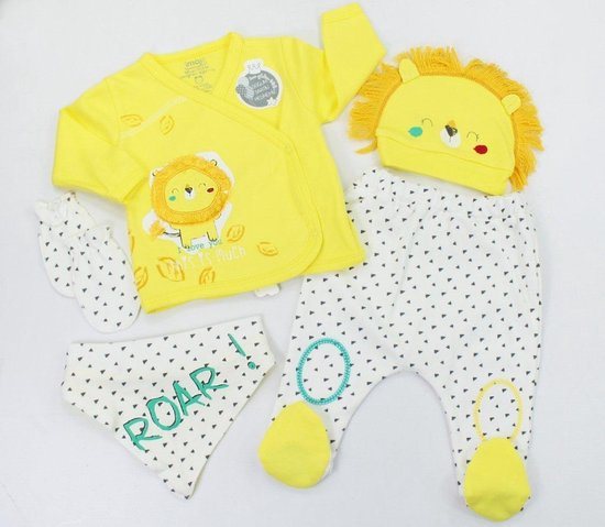 Babykledingset geboorteset kraamcadeau baby shower 5 delig: mutsje, broekje, overslagvestje, handschoentjes, slabbetje. Gemaakt van antibacteriële katoen. Leeuw design