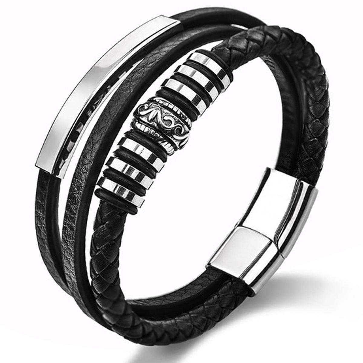 Victorious Zwart Leren Armband Heren – Zwart Leer en Roestvrij Staal – Zwart/Zilver – 18.5cm
