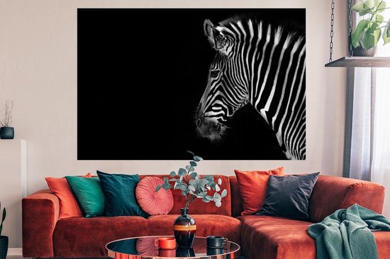 Poster Zebra sur fond noir papier 180x120 cm - Tirage photo sur Poster (décoration murale salon / chambre) / Poster Animaux sauvages XXL / Groot format!