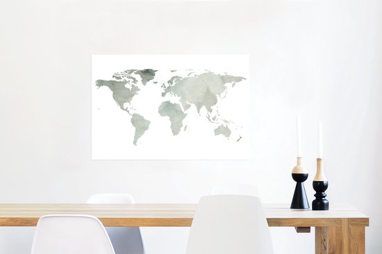Wereldkaart à l'aquarelle gris clair sur fond blanc 90x60 cm
