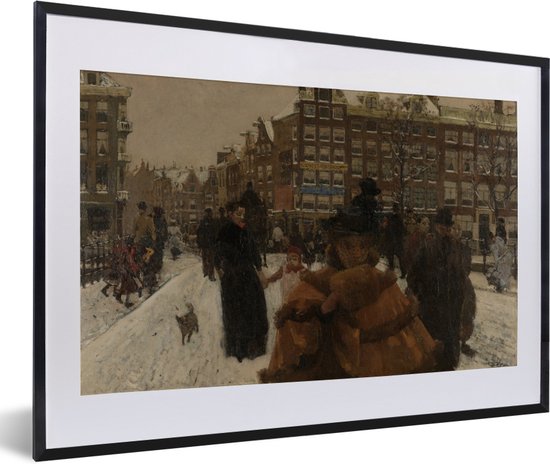 De Singelbrug bij de Paleisstraat in Amsterdam - Schilderij van George Hendrik Breitner fotolijst zwart met witte passe-partout klein 40x30 cm - Foto print in lijst