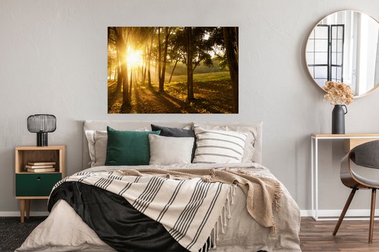 Le soleil d'automne se lève sur une forêt sombre Poster 120x80 cm - Tirage photo sur Poster (décoration murale salon / chambre)