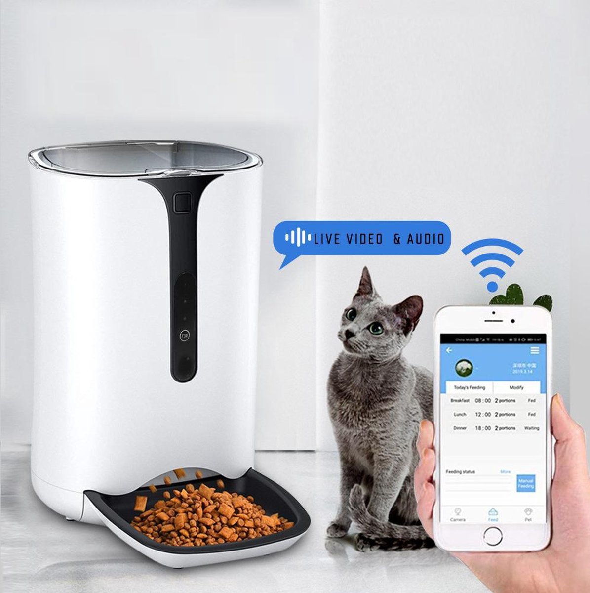 Automatische voerbak - WiFi Smart Voerautomaat - Ingebouwde Camera & Microfoon - Automatische voerba