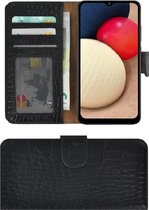 Samsung Galaxy A02s Hoesje - Bookcase - Samsung A02s Hoesje Book Case Portemonnee Wallet Echt Leder Croco Zwart Cover