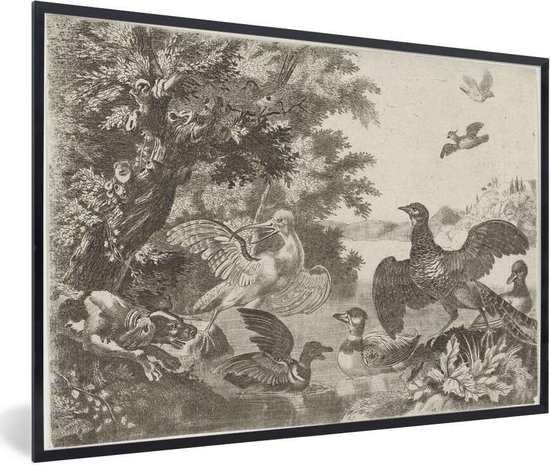 Fotolijst incl. Poster - Watervogels en een hond - Schilderij van Melchior d'Hondecoeter - 30x20 cm - Posterlijst