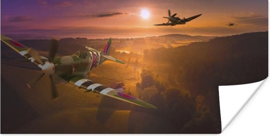Poster Spitfire vliegtuigen bij zonsondergang - 40x20 cm