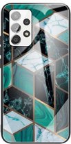 Voor Samsung Galaxy A32 5G Abstract Marble Pattern Glass beschermhoes (Rhombus Dark Green)