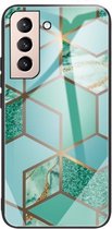 Voor Samsung Galaxy S21 5G Abstract Marble Pattern Glass beschermhoes (Rhombus Green)