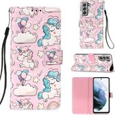 Voor Samsung Samsung Galaxy S21 FE 3D Schilderen Horizontale Flip Leren Case met Houder & Kaartsleuf & Portemonnee & Lanyard (Roze Pony)