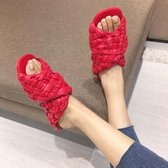 Dames zomersandalen met open teen, geweven platte slippers, maat: 37 (rood)