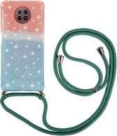 Voor Xiaomi Redmi Note 9 5G Gradiënt Glitter Poeder Schokbestendig TPU Beschermhoes met Lanyard (Oranje Blauw)