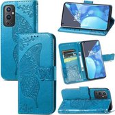 Voor OnePlus 9 Pro Butterfly Love Flowers Reliëf Horizontale Flip Leren Case met Houder & Kaartsleuven & Portemonnee & Lanyard (Blauw)