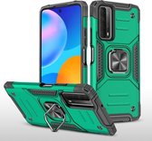 Voor Huawei P Smart (2021) / Y7a Magnetisch pantser Schokbestendig TPU + pc-hoesje met metalen ringhouder (donkergroen)