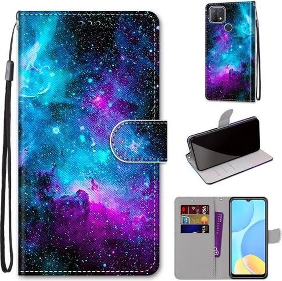 Voor OPPO A15 / A15s Gekleurde Tekening Cross Textuur Horizontale Flip PU Lederen Case met Houder & Kaartsleuven & Portemonnee & Lanyard (Paars Groen Sterrenhemel)