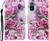 Voor Xiaomi Redmi Note 10 4G Gekleurde Tekening Patroon Horizontale Flip PU Lederen Case met Houder & Kaartsleuven & Portemonnee & Lanyard (Rose Vlinder)