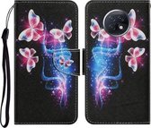 Voor Xiaomi Redmi Note 9T Gekleurd tekeningpatroon Horizontale flip PU lederen tas met houder & kaartsleuven & portemonnee & lanyard (drie fluorescerende vlinders)