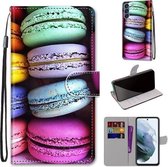Voor Samsung Galaxy S21 FE Gekleurde Tekening Cross Textuur Horizontale Flip PU Lederen Case met Houder & Kaartsleuven & Portemonnee & Lanyard (Kleurrijke Taarten)