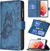 Voor Samsung Galaxy S21 5G Flying Butterfly Embossing Pattern Rits Horizontale Flip Leather Case met houder & kaartsleuven & portemonnee (blauw)