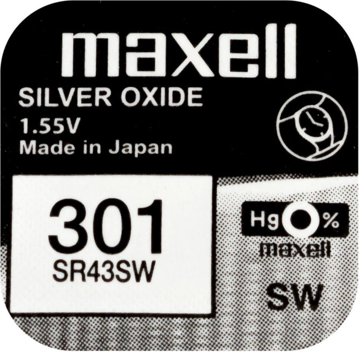 MAXELL 301 / SR43SW zilveroxide knoopcel horlogebatterij 2 (twee) stuks