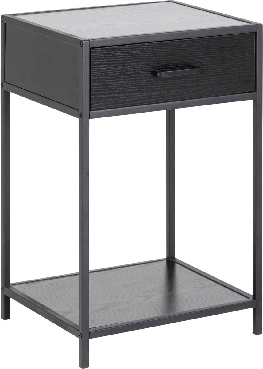BELFURN Timon nachtkast met 1 lade in melamine zwart op zwart metalen frame
