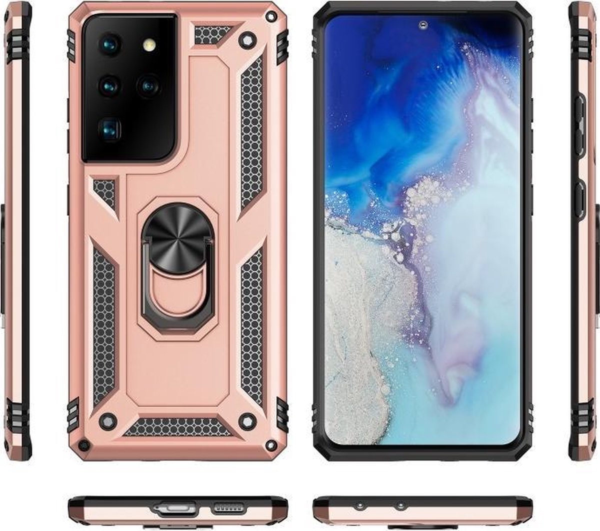 Hoesje Geschikt voor Samsung Galaxy S21 Ultra Stevige Magnetische Anti shock ring back cover case- schokbestendig-TPU met stand – Rosé goud