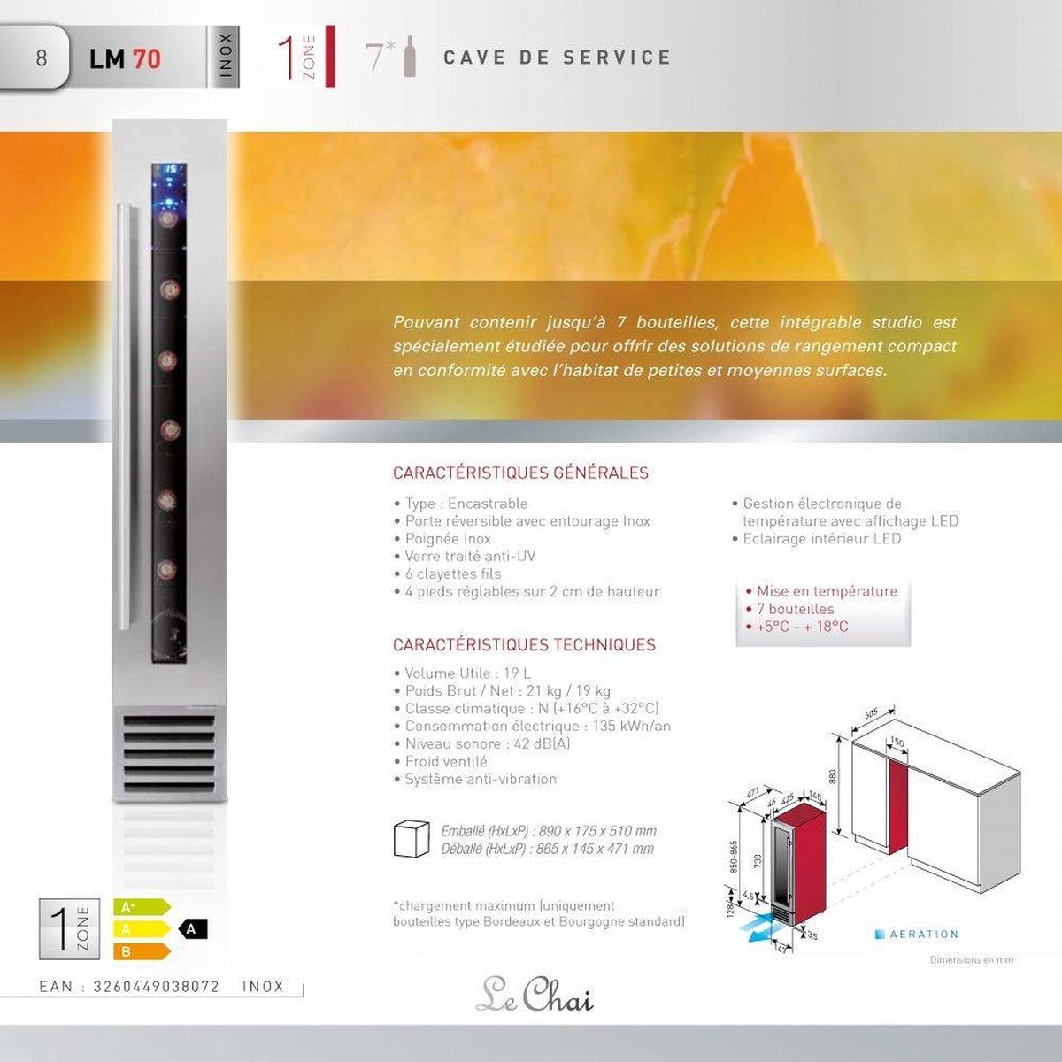 Le Chai LM70 - Onderbouw Wijnkoelkast - 7 Flessen - 1 zone - afbeelding 3