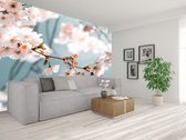 Professioneel Fotobehang close up van wit roze bloesem - wit roze - Sticky Decoration - fotobehang - decoratie - woonaccessoires - inclusief gratis hobbymesje - 415 cm breed x 280 cm hoog - i