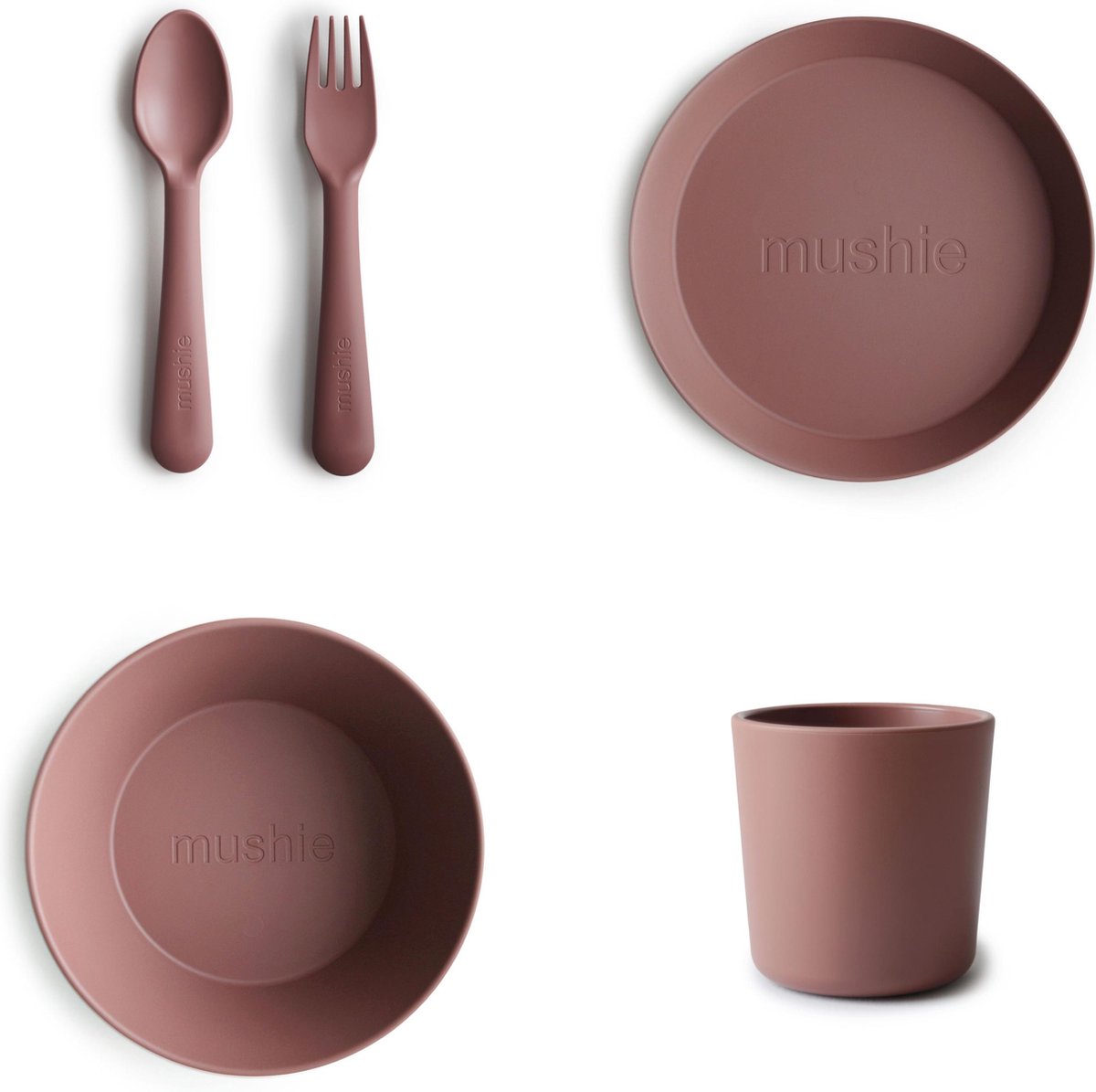 Mushie Serviesset |Set bord+beker+Kom+vork en Lepel|5-delig|Woodchuck|Kinderservies|BIBS|Bestek|Bord|Beker|Cup| Kom|