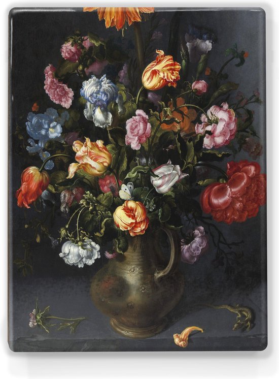 Schilderij - Bloemen in een vaas - Jacob Woutersz. Vosmaer - 19,5 x 26 cm - Niet van echt te onderscheiden handgelakt schilderijtje op hout - Mooier dan een print op canvas.