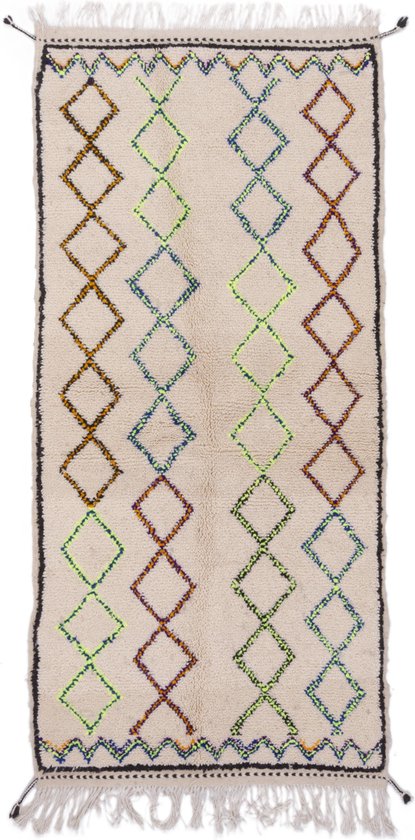 Vloerkleed Vintage - Marokkaans Vloerkleed - 190 x 90 cm - Loper - Handgemaakt, Kleurrijk & Uniek - Gemaakt van 100% wol - Hoogpolig Azilal Tapijt