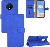 Voor OnePlus 7T Effen Kleur Huidgevoel Magnetische Gesp Horizontale Flip Kalfsstructuur PU Lederen Case met Houder & Kaartsleuven & Portemonnee (Blauw)