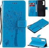 Voor Oppo Reno3 5G / Find X2 Lite Tree & Cat Reliëfpatroon Horizontale Flip lederen tas met houder & kaartsleuven & portemonnee & lanyard (blauw)