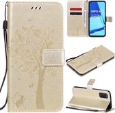 Voor Oppo A52 / A72 / A92 Boom & Kat Reliëfpatroon Horizontale Flip Leren Case met Houder & Kaartsleuven & Portemonnee & Lanyard (Goud)