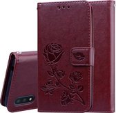 Voor Galaxy A01 Rose reliëf horizontale flip PU lederen tas met houder en kaartsleuven en portemonnee (bruin)