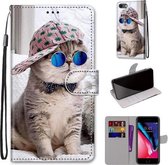 Gekleurde tekening Cross Texture Horizontale Flip PU lederen tas met houder & kaartsleuven & portemonnee & lanyard voor iPhone SE 2020/8/7 (Slant Hat Blue Mirror Cat)