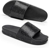 Strass Dames Slippers Bling Beach Slides, Maat: 40 (Zwart)